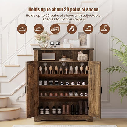 ALLSTAND 6-Tier Shoe Cabinet with Doors, Entryway Shoe Rack Wooden Shoe Storage Cabinet with Adjustable Shelves & Anti-tip Fitting, Farmhouse Shoe Cabinet Storage for Entryway, Living Room, Closet