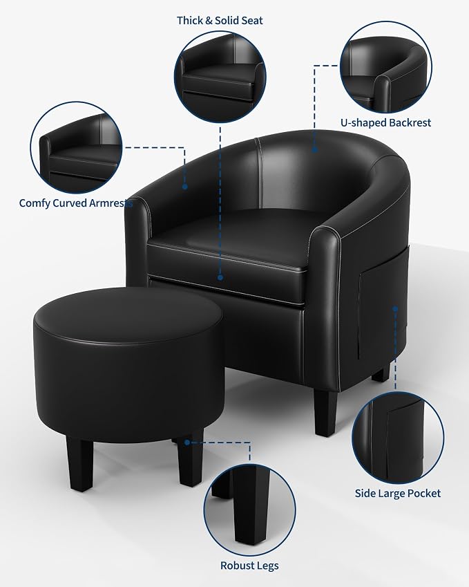 GarveeHome Chair and Ottoman Set, PU Leather Barrel Chair, Small Chair for Bedroom, Comfy Armchair with Footrest for Office & Study, Black