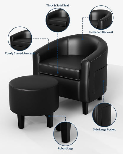 GarveeHome Chair and Ottoman Set, PU Leather Barrel Chair, Small Chair for Bedroom, Comfy Armchair with Footrest for Office & Study, Black