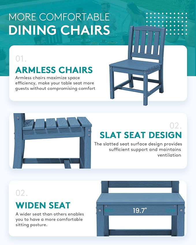 SERWALL Outdoor Patio Dining Set for 8, Blue | 60" - 83" Expandable Outdoor Dining Table and 8 HDPE Chairs, All Weather Material Outdoor Furniture Set Backyard, Garden