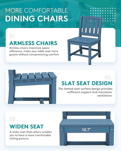 SERWALL Outdoor Patio Dining Set for 8, Blue | 60" - 83" Expandable Outdoor Dining Table and 8 HDPE Chairs, All Weather Material Outdoor Furniture Set Backyard, Garden