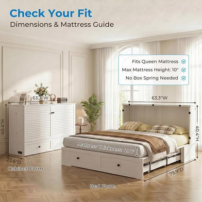 Mjkone 63" W Queen Size Murphy Bed Cabinet with Mattress & USB Charging Station, Modern Guest Beds Chest Cabinet Bed with Storage Drawer for Bedroom Home Apartment, White