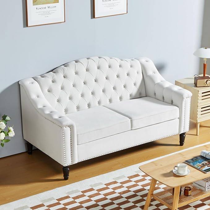 LEVNARY Chesterfield Loveseat Velvet, Upholstered Sofa with Button-Tufted Back, Mid-Century Modern Sofa with Solid Wood Legs, 2 Seater Couches for Living Room (White)