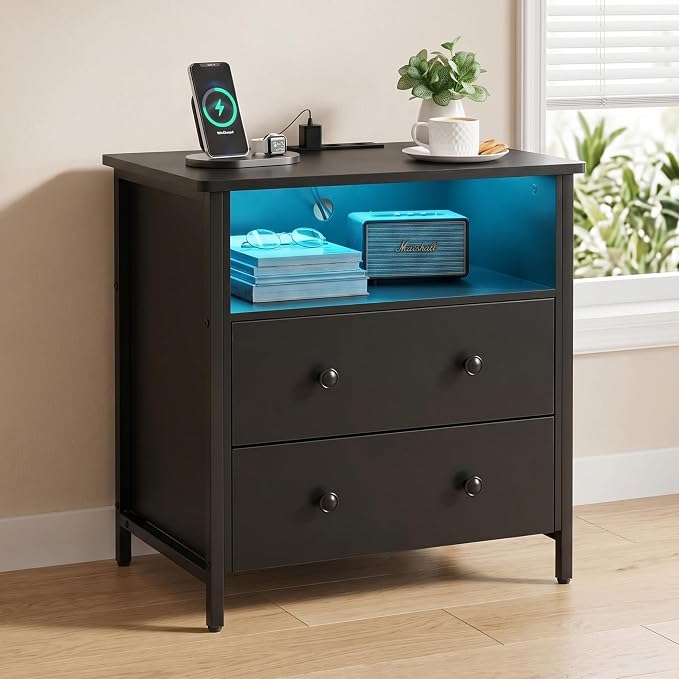 27 Inch LED Nightstand with Charging Station, 2 Drawers, Black | Solid Wood and Steel Frame, 2 AC Outlets, 2 USB Ports, RGB App Control, Open Storage, Adjustable Feet, for Bedroom or Office