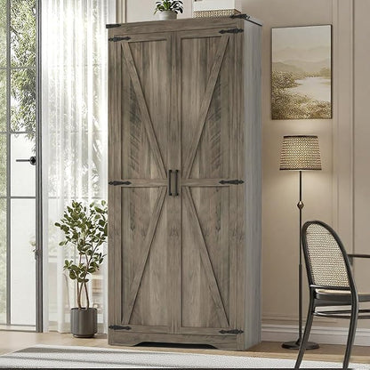 Befrases Farmhouse Rustic Grey Storage Cabinet with Adjustable Shelves, Large Pantry Organize with 2 Barn Doors, Tall Freestanding Cabinet for Kitchen, Bathroom, Garage, Living, Utility Room