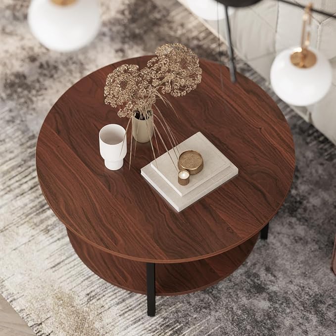 FABATO Round Lift Top Coffee Table with Storage and Hidden Compartment, 26.77'' Farmhouse Coffee Table for Living Room Reception Room, 2 Tier Small Round Coffee Table Circle Dining Table, Espresso
