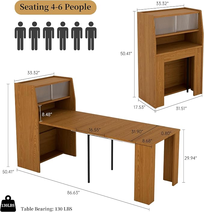 HIPIHOM 86.6" Extendable Dining Table for 4-6, MDF, Storage Cabinet | Retractable Console Table, Storage Cabinet for Kitchen or Dining Room, Ideal for Small Space, Apartment, Family Meal