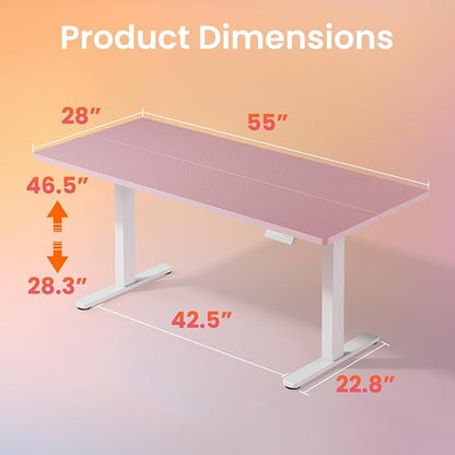 HUANUO Electric Standing Desk, 55" x 28" Height Adjustable Desk, 4 Memory Height Settings, Sit to Stand Up Desk for Home Office, with Headphone Hook, Cable Manager, Pink
