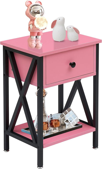 VECELO Nightstand,Modern Bedside End Table, Night Stand with Drawer and Storage Shelf for Living Room Bedroom, Industrial Metal Frame