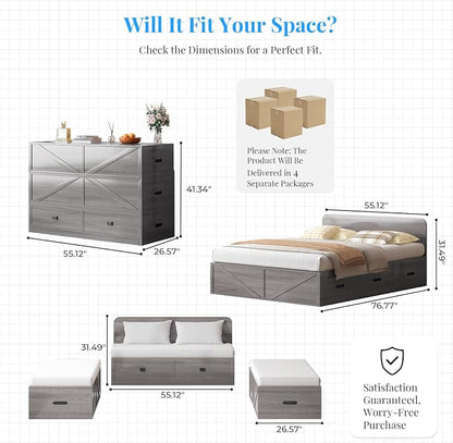 PUREMIND Murphy Bed Full with Mattress Included, Wood Cabinet Bed with Dual Storage Drawers & 2 Pillows, 3-in-1 Convertible Sofa Beds for Small Space, Guest Room, Home, Gray