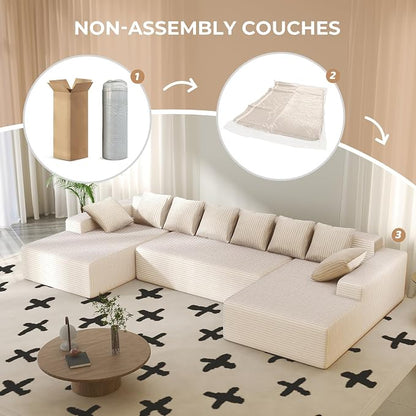 Luxanimarion 131'' U Shaped Sectional Couches with Chaise Lounge, U-Shaped Boneless Deep Seat Modular Sofa for Living Room 1PCS, Bedroom(Beige)