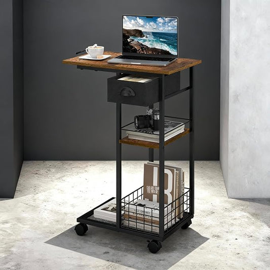 Hayexiha 3-Tier Side Table with Wheels and 360° Rotation, C Table with Drawer, End Table for Couch, Space Saving Small Desk for Narrow Space, TV Tray, Vintage Bedside Table for Living Room, Bedroom