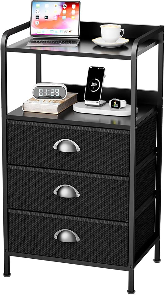 Night Stand with 3 Fabric Drawers, Bedside Table with Wood Top and 2 Tier Shelf, End Table with Storage Drawer Dresser, Small Side Table for Bedroom, Metal Frame, Black