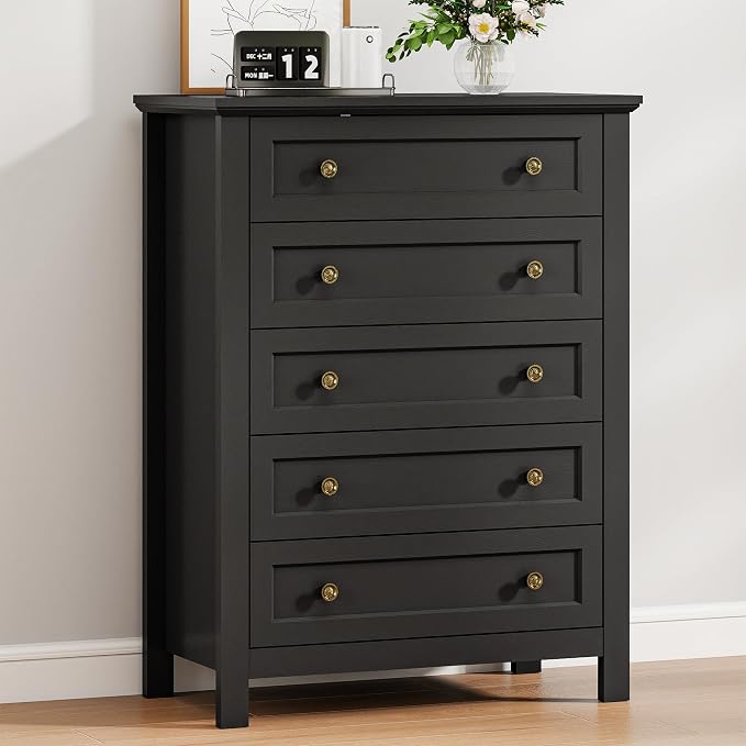 Farmhouse Dresser Nightstand Sets, 3-Piece Bedroom Furniture Set for Home | 5 Drawer Dresser Closet & 3 Drawer Nightstand Set of 2, Chest of Drawers for Bedroom, Living Room, Entryway, Black