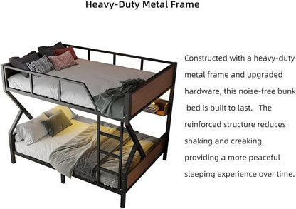 KEIKI Queen Over Queen Bunk Bed, Heavy Duty Metal Bunkbed with Storage Shelves, Lights, Bottom Space & Guardrail for Aldults Dorm Bedroom Guest Room, No Box Spring Needed, Noise-Free Design