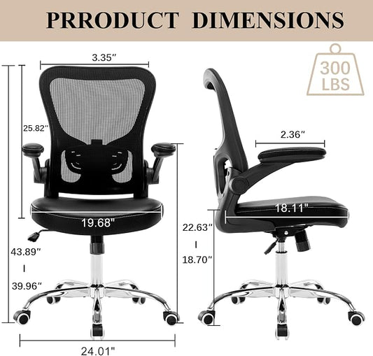 Office Chair, Mesh Ergonomic Desk Computer Chair with PU Leather Flip-up Armrest, Home Task Chair with Lumbar Support, Adjustable Executive Mid Back, Rolling Swivel,Black