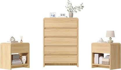 AMERLIFE Modern 3-Piece Bedroom Furniture Set with 5-Drawer Dresser and 2 Nightstands, Large Storage Capacity, Rounded Corners, Flexible Combination Design, Anti-Tip Kit Included, Light Oak