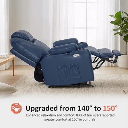 MCombo Extra Wide Power Lift Recliner Chair for Elderly, Lift Chair with Heat and Massage for Big People, USB&Type C Ports, Cup Holders, Faux Leather R7045 (Blue, Medium-Wide)