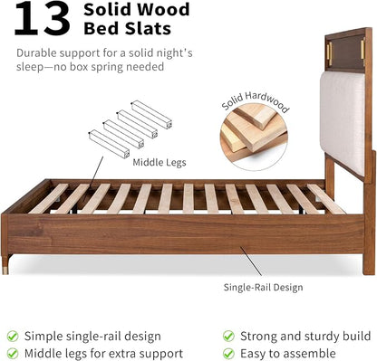 Furniture of America Forma Modern Solid Wood 4-Piece Bedroom Set with Storage Bed with LED Lights, Ball-Bearing Glide on Nightstand and Dresser with Mirror, No Box Spring Needed, King, Walnut