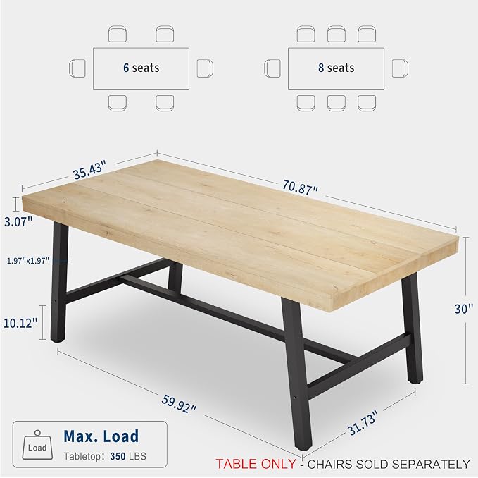 GarveeHome Industrial Dining Table for 6-8 People, 70.87" Long Large Kitchen Table with Sturdy Metal Frame, Rectangular Counter for Dinner, Kitchen, Dining Room (Natural, 71" Non-extendable)