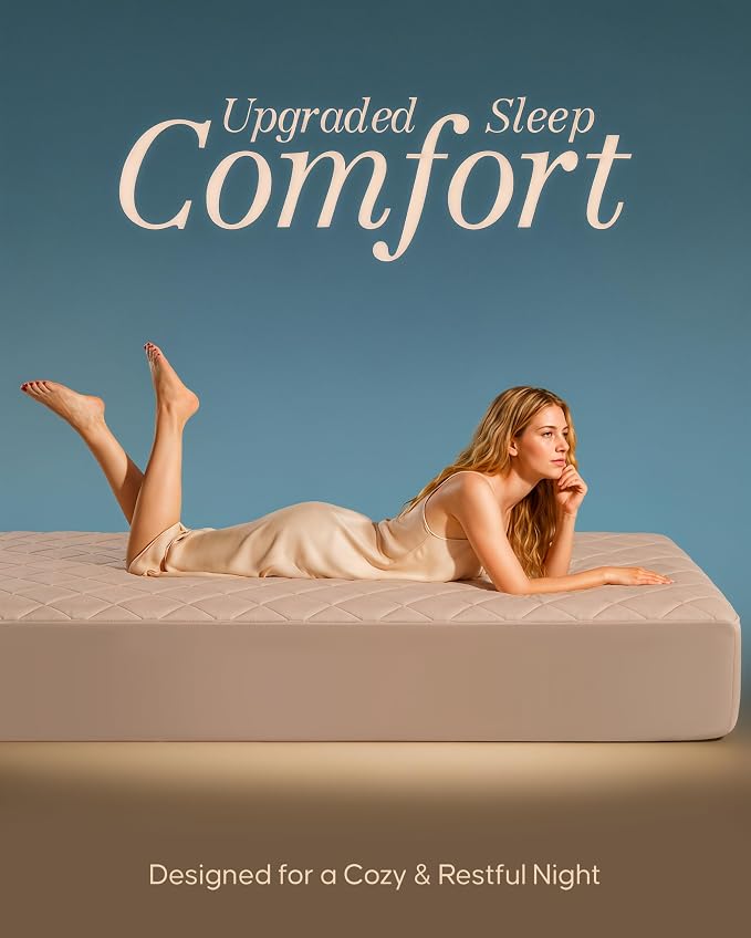 Quilted Fitted Mattress Pad, Queen Mattress Protector Topper with Deep Pocket Stretches up to 16 Inches, Machine Washable Mattress Cover by Utopia Bedding (Beige)