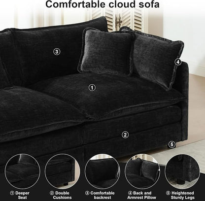 76.7" Modular Sectional Sofa with Ottoman, Modern L Shaped Sectional Couch, Comfy Cloud Couch for Living Room, Loveseat Chenille Deep Seat Sofa with Pillow for Bedroom Apartment, Small Spaces, Black