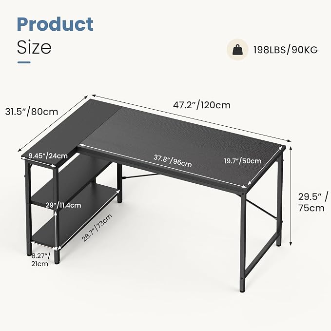 DUMOS 47 Inch L Shaped Computer Desk Gaming Furniture Corner Desks Home Office PC Table with Reversible Storage Shelves for Writing Working Study Bedroom Dorm, Black