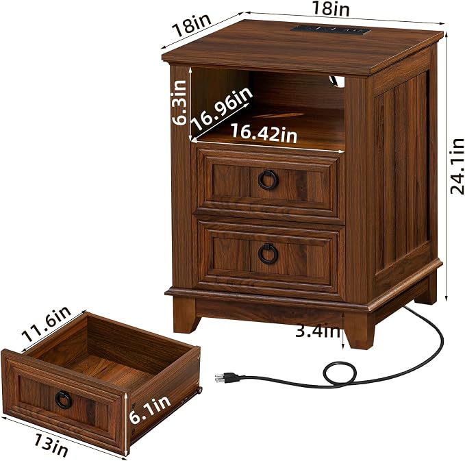 Joaxswe 18" Farmhouse Night Stands Set of 2 with Charging Station, 2 Drawers End Table Dresser for Bedroom, Brown Wooden Nightstand, Bed Side Table with Open Shelf, Bedside Cabinet for Living Room
