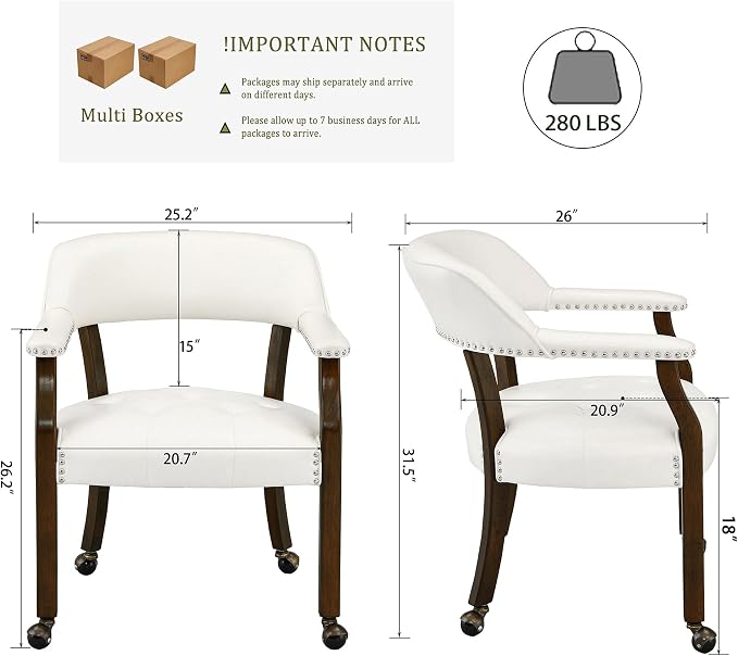 LEEMTORIG Set of 8 Dining Chairs With Casters and Arms, Large Rolling With Wheels, Poker Table, Solid Wood Boss Caption's Office, Espresso Legs & Ivory PU SY-318-WT