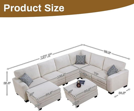 Legend Vansen Oversized Modular Sectional Sofa,8 Seat U Shaped Couch with Ottoman,Corduroy Sofa with Deep Seat,Convertible Large Sectional Couches for Living Room(Cream, U-8)