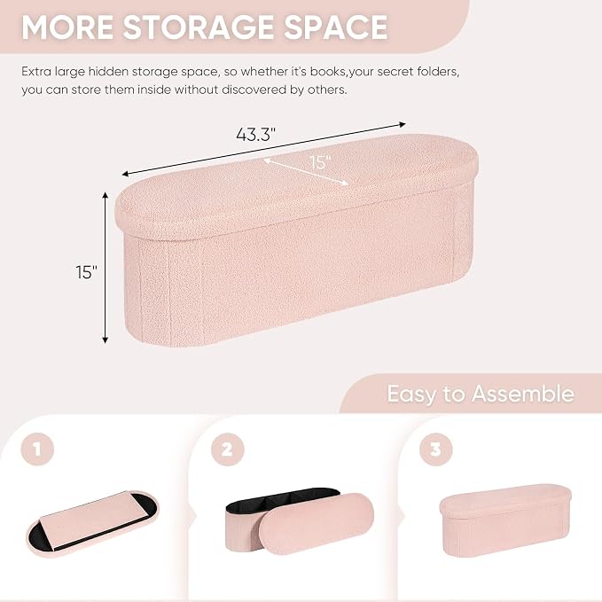 B FSOBEIIALEO Ottoman with Storage for Living Room, Sherpa Folding Storage Ottoman Foot Rest, 43.3 Inches Collapsible Bedroom Bench Pink