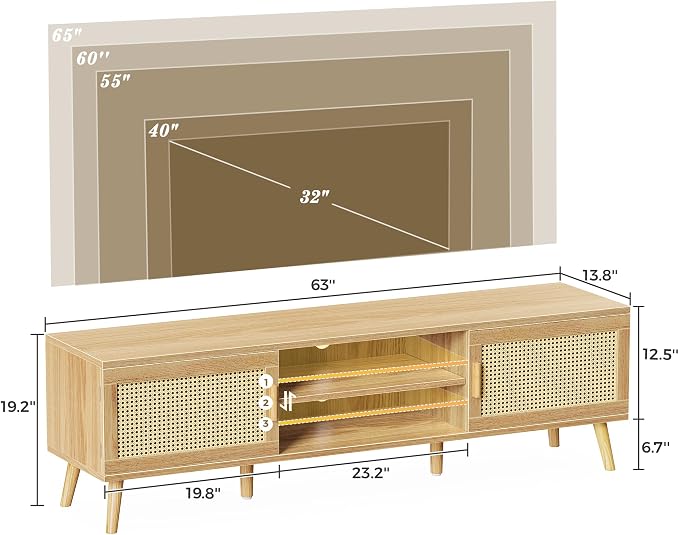 SUPERJARE Boho TV Stand for 65 Inch TV, Entertainment Center with Adjustable Shelf, Rattan TV Console with 2 Cabinets, Media Console, Solid Wood Feet, 4 Cord Holes, for Living Room - Natural