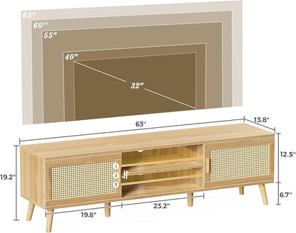 SUPERJARE Boho TV Stand for 65 Inch TV, Entertainment Center with Adjustable Shelf, Rattan TV Console with 2 Cabinets, Media Console, Solid Wood Feet, 4 Cord Holes, for Living Room - Natural