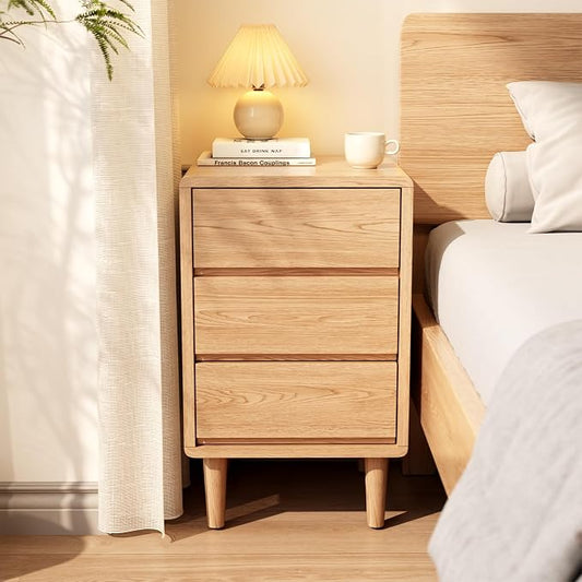 Tall Nightstand Natural Night Stand with 3 Drawers Mid Century Modern Nightstand with Storage,Solid Wood Night Stand,Small Bedside Table for Bedroom,Living Room,Office,Natural Bedside Table