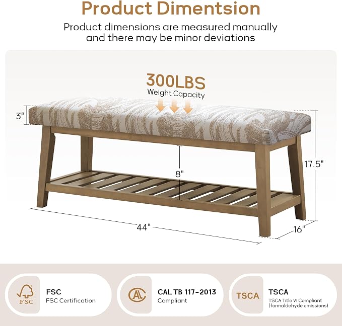Zihanhome Entryway Shoe Bench with Cushion, End of Bed Bench,Upholstered Bench for Kitchen, Bench with Solid Wood Shelf, Fabric Ottoman Bench for Hallway, Living Room (Textured Beige)