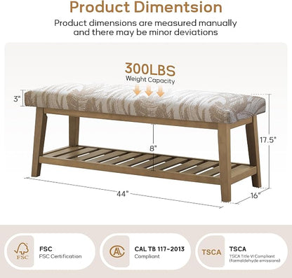 Entryway Bench with Cushion, Upholstered Shoe Rack Bench with Solid Wood Shelf, 44" End of Bed Bench for Bedroom, Chenille Fabric Storage Bench for Entryway, Hallway, Living Room (Textured Beige)