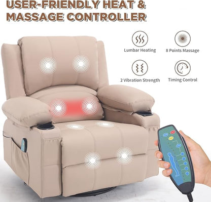 Leather Recliner Chair with Heat and Massage Cup Holder, Thickly Padded Overstuffed Rocking Glider Chair, Swivel Rocker Recliner Chair for Nursery, Khaki