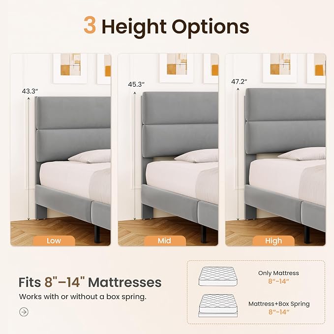 GRUSIGN Full Size Platform Bed Frame with Velvet Headboard, Adjustable Height Wooden Slats Support, Upholstered Mattress Foundation, Fits Mattress or Mattress with Box Spring, Easy Assembly, Grey