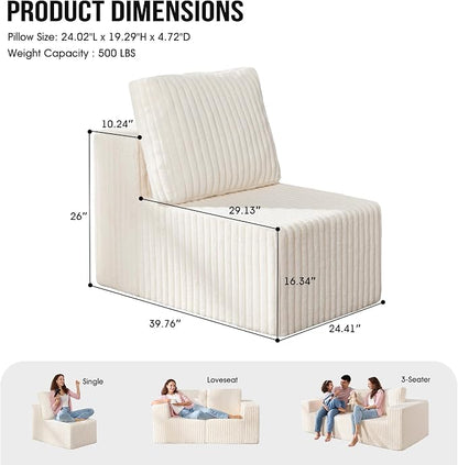 Single Sofa 1 Seat Couch with Deep Seat Memory Foam Cloud Chair with Pillows Large Sofa with L Shape for Living Room Bedroom (Strip White, Single)