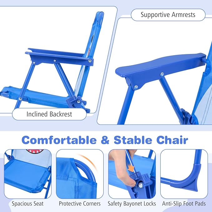 Costzon Kids Picnic Table, Kids Outdoor Table with 2 Folding Chairs, Height Adjustable Umbrella, Portable Children Outdoor Furniture for Patio, Garden, Backyard (Blue Shark)