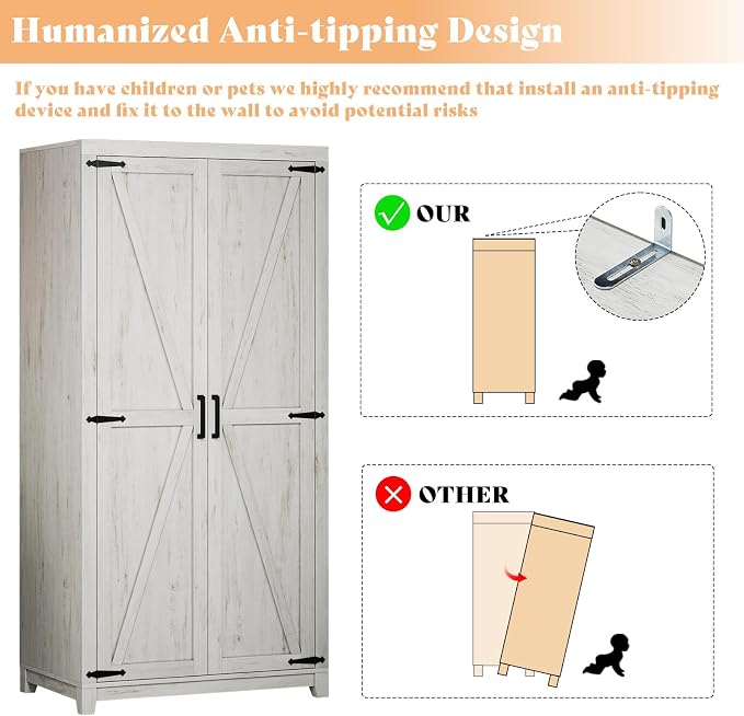 AMERLIFE Set of 2 Farmhouse Armoire Wardrobe Closet with 2 Barn Doors, 70'' Storage Cabinet with Shelf & Hanging Rod, Versatile Clothing Storage for Bedroom, White