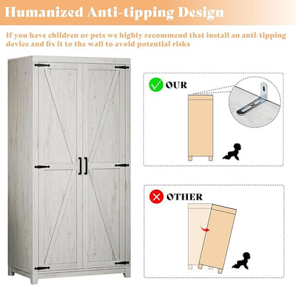 AMERLIFE Set of 2 Farmhouse Armoire Wardrobe Closet with 2 Barn Doors, 70'' Storage Cabinet with Shelf & Hanging Rod, Versatile Clothing Storage for Bedroom, White