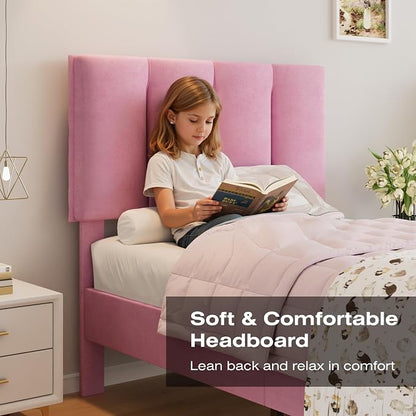 VECELO Twin Size Bed Frame with Upholstered Headboard, Heavy-Duty Bedframe with Wooden Slats & Steel Framework, Easy Assembly, Velvet & Pink