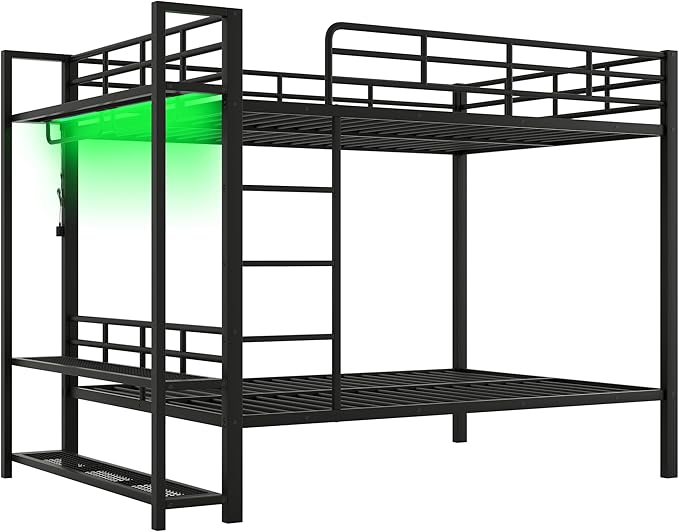 Bellemave Full Over Full Bunk Bed,Metal Bunk Bed with Shelf and Guardrails,Full Bunk beds with Storage Mesh Shelves and Clothes Hooks for Kids, Teens & Adults（Black）