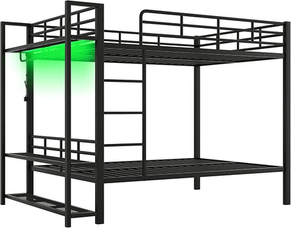 Bellemave Full Over Full Bunk Bed,Metal Bunk Bed with Shelf and Guardrails,Full Bunk beds with Storage Mesh Shelves and Clothes Hooks for Kids, Teens & Adults（Black）