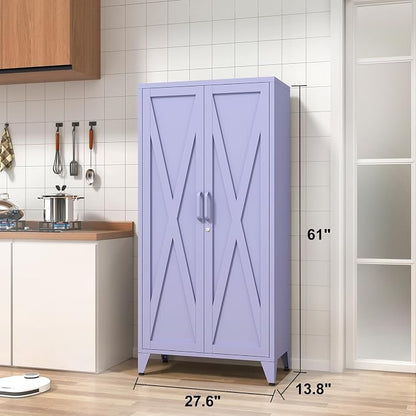 61" Tall Farmhouse Metal Pantry Cabinet with 3 Adjustable Shelves, 4-Tier Storage Organizer, 2-Door Freestanding Storage Cabinets, Easy Assembly, for Kitchen, Entryway, Home Office, Kids Room, Purple