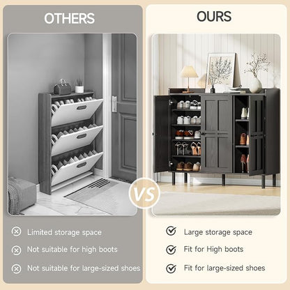 ONBRILL Shoe Cabinet with 3 Doors and Adjustable Shelves, 30 Pairs Shoe Storage Cabinet, 40 Inch Tall Farmhouse Shoe Rack Shoe Organizer Cabinet for Entryway Living Room Closet, Black