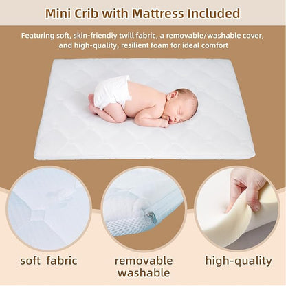 Flwrgirl Convertible Mini Baby Crib - Portable Bedside Bassinet with Mattress Included,3 Heights Baby Crib with Wheels for Small Room and Newborns 0-12 Months,White