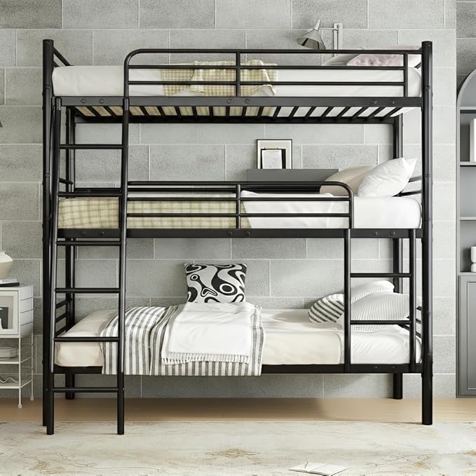 Metal Triple Bunk Bed,Twin Over Twin Bunk Bed for 3, Separates Into 3 Beds with Guardrail and Ladder, Heavy Duty Triple Bed Frame Suitable for Teenager/Adults, No Box Spring Needed(Black)