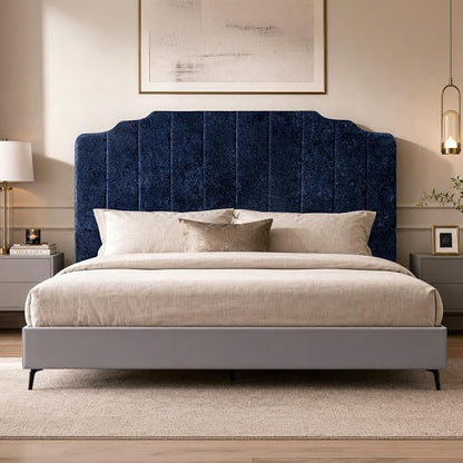 King Headboard Only - Blue Velvet Upholstered Headboard for Bed, No Assembly Required, Pure Sponge Design, Comfort Head Board, Place Between Bed & Wall, Vertical Stripe with Stepped Crown Top Edge